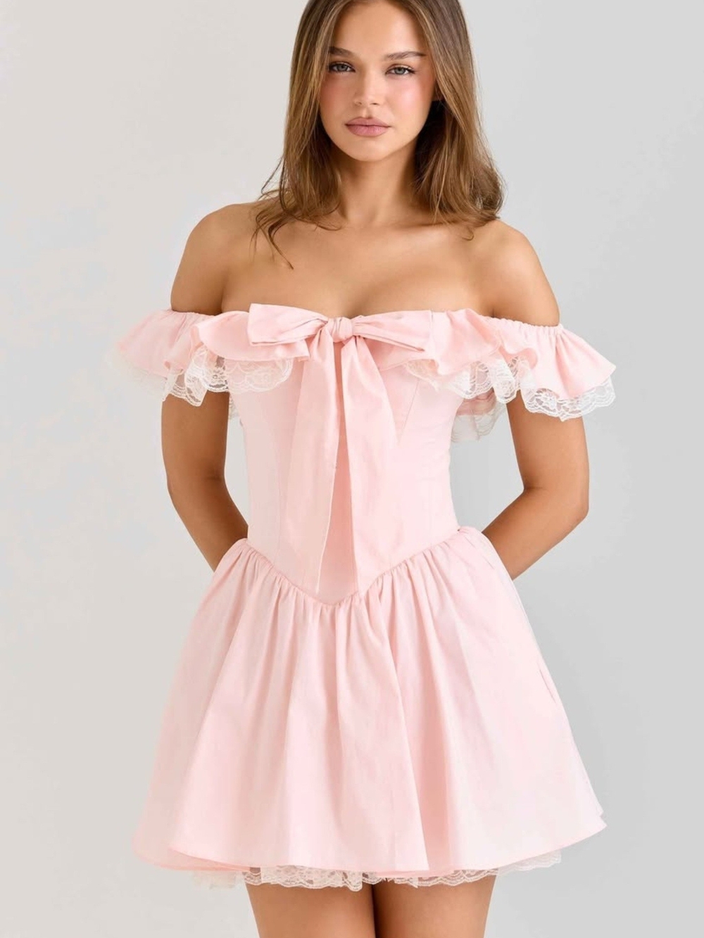 House of CB Pale Pink Off-Shoulder Bow Mini Dress